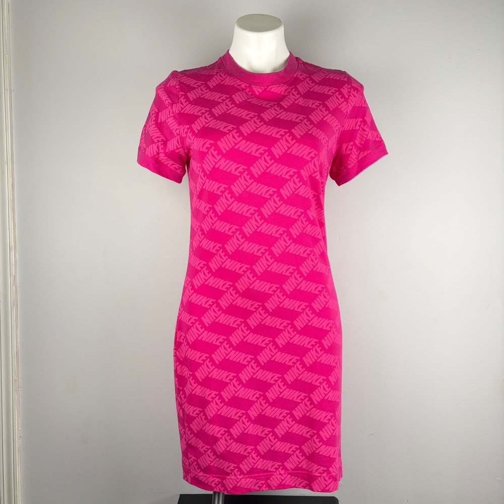 Nike Womens Pink Allover Logo Print Short Sleeve T-Shirt Mini Dress Large